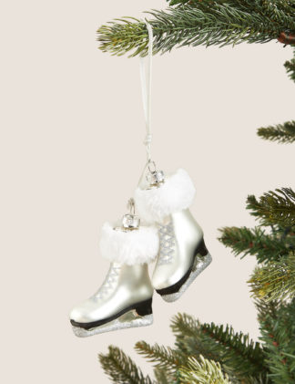 An Image of M&S Glass Hanging Ice Skating Boots Decoration