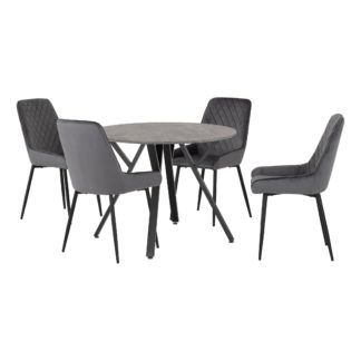 An Image of Athens Round Concrete Effect Dining Table with 4 Avery Grey Dining Chairs Grey