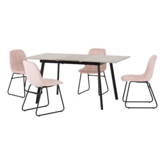 An Image of Avery Concrete Effect Extendable Dining Table with 4 Lukas Pink Dining Chairs Baby Pink
