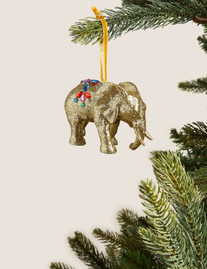 An Image of M&S Gold Glitter Hanging Elephant Decoration, Gold