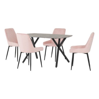 An Image of Athens Rectangular Concrete Effect Dining Table with 4 Avery Pink Dining Chairs Baby Pink