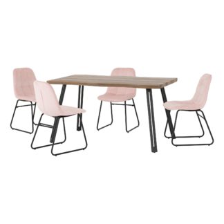 An Image of Quebec Wave Oak Effect Dining Table with 4 Lukas Pink Dining Chairs Baby Pink