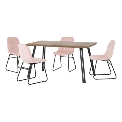 c9fc689c8f9421bdd6da22fb40bac54132e37d64954f27d289f77376beb6f17b.jpg An Image of Quebec Wave Oak Effect Dining Table with 4 Lukas Pink Dining Chairs Baby Pink