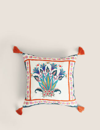 An Image of M&S Linen Blend Floral Embroidered Cushion