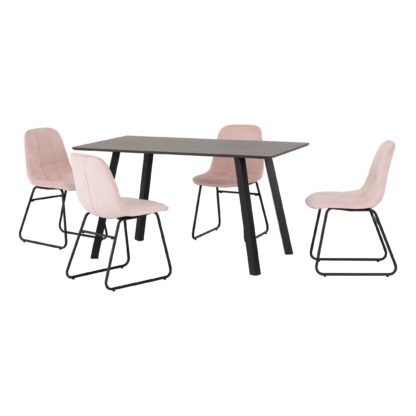 An Image of Berlin Rectangular Black Wood Dining Table with 4 Avery Pink Dining Chairs Baby Pink