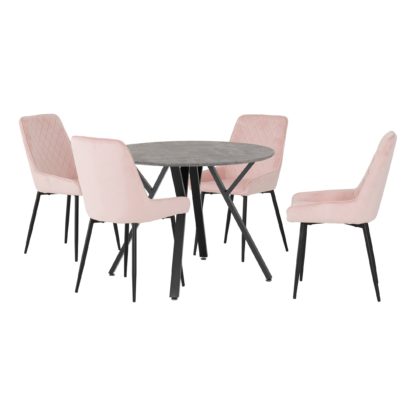 An Image of Athens Round Concrete Effect Dining Table with 4 Avery Pink Dining Chairs Baby Pink