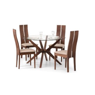 An Image of Chelsea Small Round Glass Dining Table with 4 Cayman Dining Chairs Walnut (Brown)