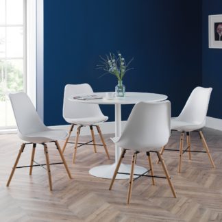 An Image of Blanco Round White Pedestal Dining Table with 4 Kari Dining Chairs White