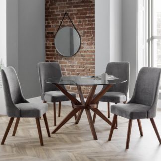 An Image of Chelsea Small Round Glass Dining Table with 4 Huxley Dining Chairs Walnut (Brown)