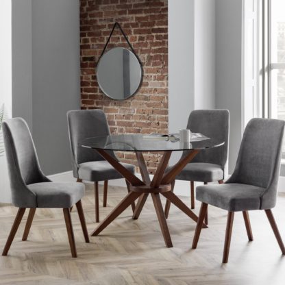 An Image of Chelsea Small Round Glass Dining Table with 4 Huxley Dining Chairs Walnut (Brown)