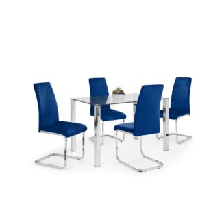 An Image of Enzo Rectangular Glass Dining Set with 4 Calabria Dining Chairs Blue