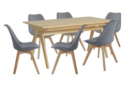 An Image of Habitat Jerry Wood Effect Dining Table & 6 Blue Chairs