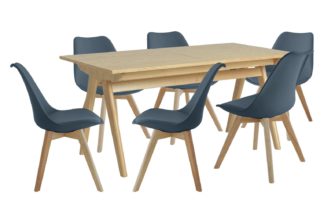 An Image of Habitat Jerry Wood Effect Dining Table & 6 Blue Chairs
