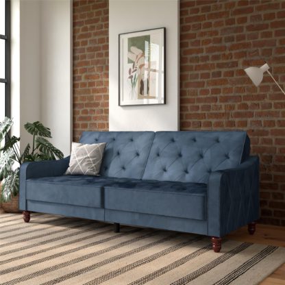 An Image of Vintage Velvet Tufted Futon Blue