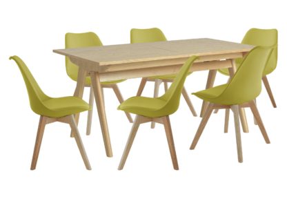 An Image of Habitat Jerry Wood Effect Dining Table & 6 Blue Chairs