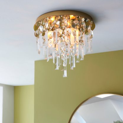 df7f5d4a79e45aee02aa9c4c1da6e19094ef3f9f2d843a5db1817891c5deb414.jpg An Image of Bel Air Satin Gold Bathroom 3 Light Flush Ceiling Fitting Satin Gold