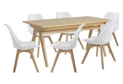An Image of Habitat Jerry Wood Effect Dining Table & 6 Blue Chairs