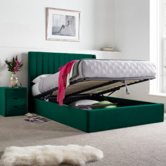An Image of Harper Green Velvet Ottoman Storage Bed Frame - 5ft King Size