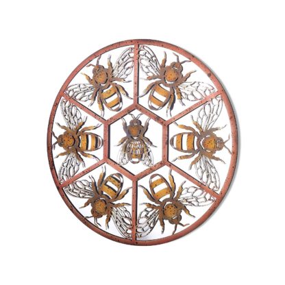 An Image of MirrorOutlet Metal Circular Decorative Bumble Bee Window Garden Mirror - 80 x 80cm