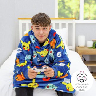An Image of Hugzee Pokemon Badges Wearable Hooded Blanket - Large