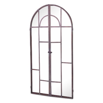 An Image of MirrorOutlet Metal Arch shaped Decorative Window opening Garden Mirror - 100 x 50cm