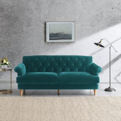 An Image of Jazz Velvet 3 Seater Sofa Teal (Blue)
