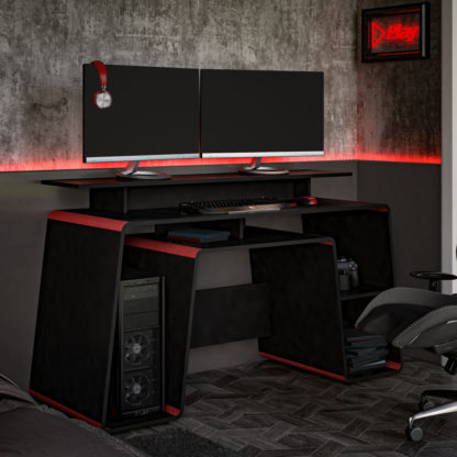 An Image of Onyx Black and Red Wooden Gaming Desk