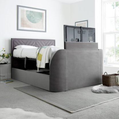 An Image of Sherlock Light Grey Velvet Ottoman Electric Media TV Bed Frame - 4ft6 Double