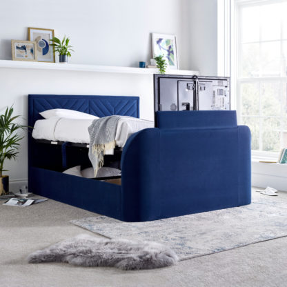 An Image of Sherlock Blue Velvet Ottoman Electric Media TV Bed Frame - 5ft King Size