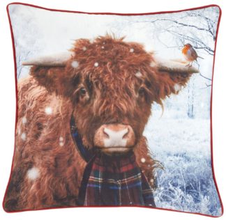 An Image of Catherine Lansfield Highland Cow Cushion - Brown - 55x55cm