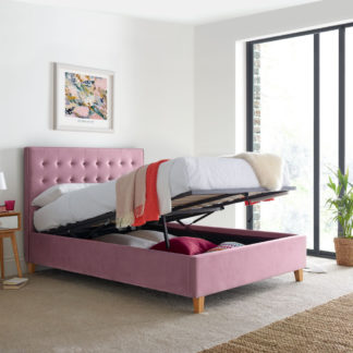An Image of Kingham Pink Velvet Fabric Ottoman Storage Bed Frame - 5ft King Size
