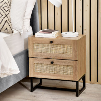 An Image of Padstow Oak Rattan 2 Drawer Wooden Bedside Table