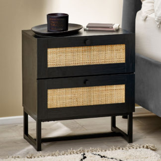 An Image of Padstow Black Rattan 2 Drawer Wooden Bedside Table