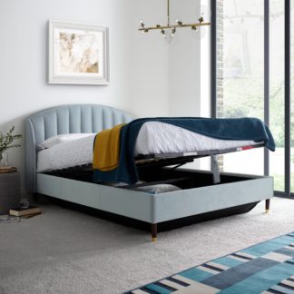 An Image of Sandy Blue Velvet Ottoman Storage Bed Frame - 5ft King Size