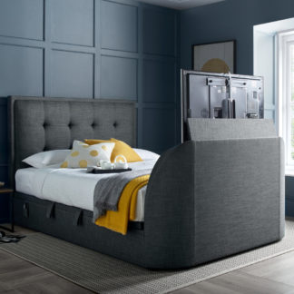 An Image of Simpson Slate Grey Fabric Ottoman Electric TV Bed - 5ft King Size