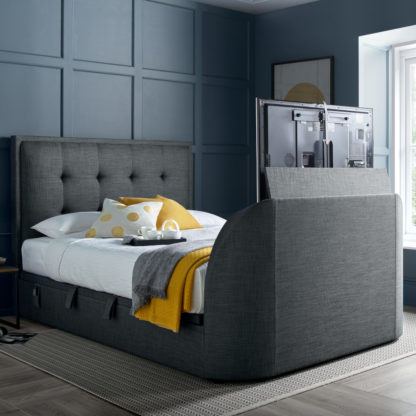 An Image of Simpson Slate Grey Fabric Ottoman Electric TV Bed - 4ft6 Double