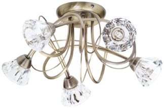 An Image of BHS Sagitarius Glass 5 Light Flush to Ceiling Light - Brass