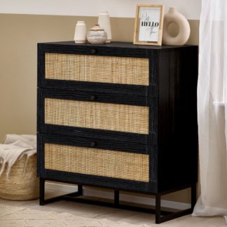 An Image of Padstow Black Rattan 3 Drawer Wooden Chest