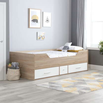 8dd42c0a1508f4e694ed40d026b6528f8d33dde565f0eb9d961bd396eafd1be9.jpg An Image of Camden White and Oak Wooden Cabin Bed Frame - 3ft Single