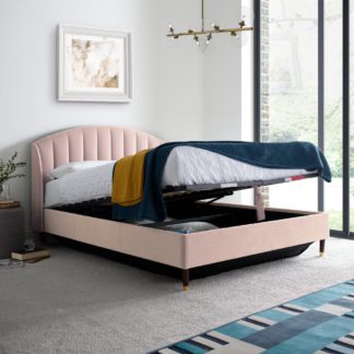 An Image of Sandy Pink Velvet Ottoman Storage Bed Frame - 6ft Super King Size