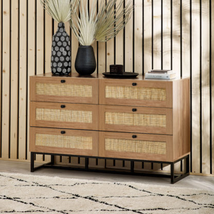 An Image of Padstow Oak Rattan 6 Drawer Wooden Chest