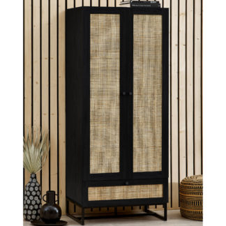 An Image of Padstow Black Rattan Wooden Wardrobe