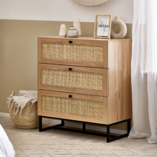 An Image of Padstow Oak Rattan 3 Drawer Wooden Chest