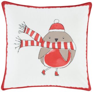 An Image of Catherine Lansfield Robin Cushion - White & Red - 55x55cm