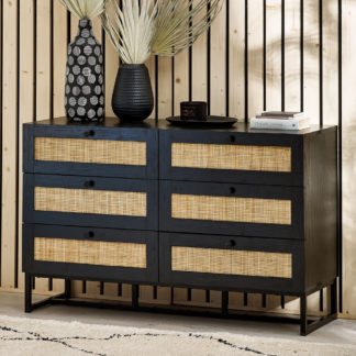 An Image of Padstow Black Rattan 6 Drawer Wooden Chest