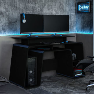 An Image of Onyx Black and Blue Wooden Gaming Desk
