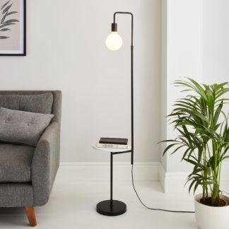 An Image of Aubrey Exposed Bulb Floor Lamp with Table Black and Faux Marble Marble