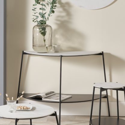 176521ae24a5111fb01aa846cc3c42eac16b2222024b3427ca7a7806f932eb54.jpg An Image of Pacific Marchello Console Table, Marble Effect White