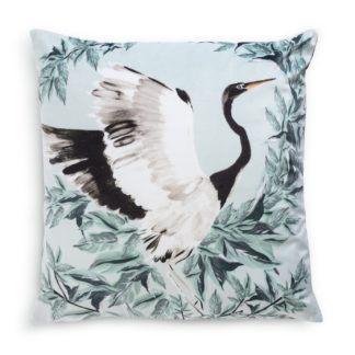 An Image of Habitat Crane Print Velvet Cushion - Blue - 43x43cm