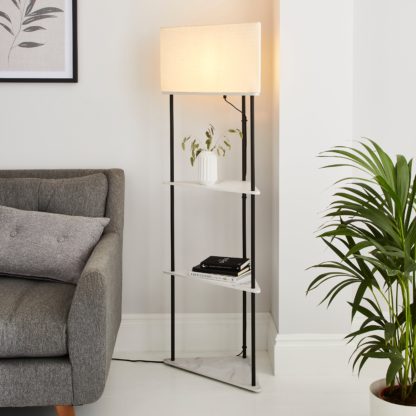 An Image of Aiko Corner Shelved Floor Lamp Black and Faux Marble Marble